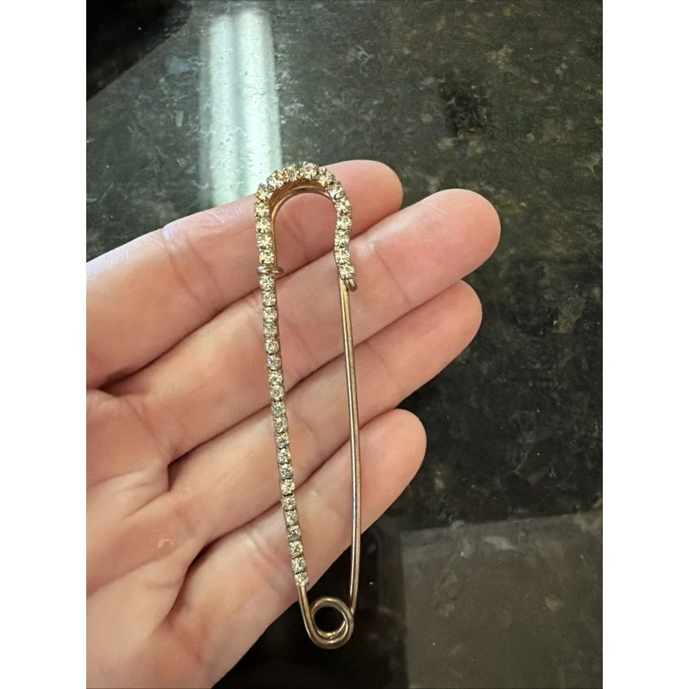 Vintage Large Gold Tone Safety Pin Brooch w\stones 3 Inch Pin Estate
